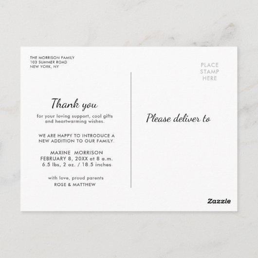 HARTELIJK BEDANKT | Witte borstel geboorte aankond Briefkaart (Achterkant)