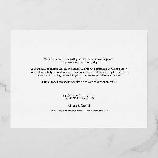 Hartelijk bericht aangepaste trouwfoto Dank u Folie Feestdagenkaart (Achterkant)