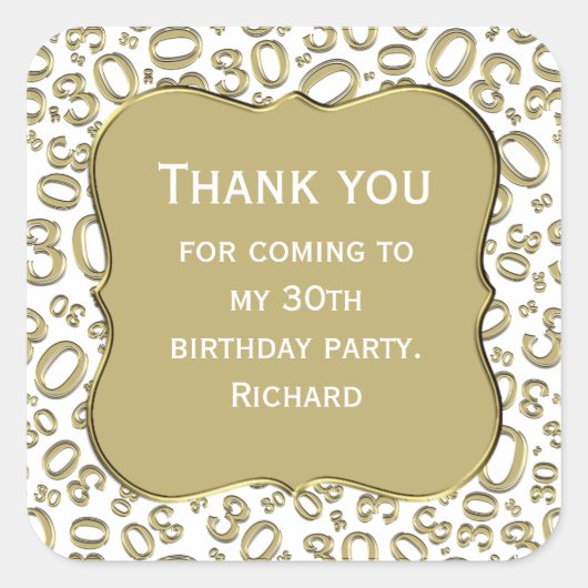 Hartelijk dank: 30th Birthday Gold/White Number Pa Vierkante Sticker (Voorkant)