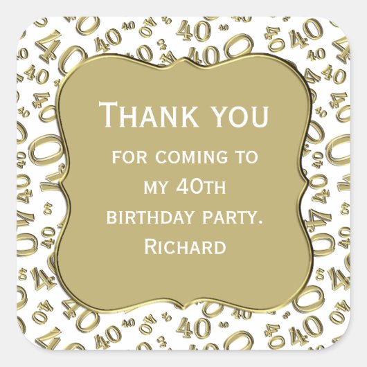 Hartelijk dank: 40th Birthday Gold/White Number Pa Vierkante Sticker (Voorkant)