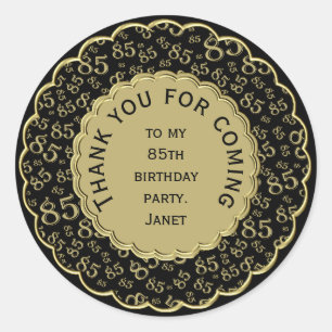 Hartelijk dank, 85e verjaardag zwart en Gold Patte Ronde Sticker