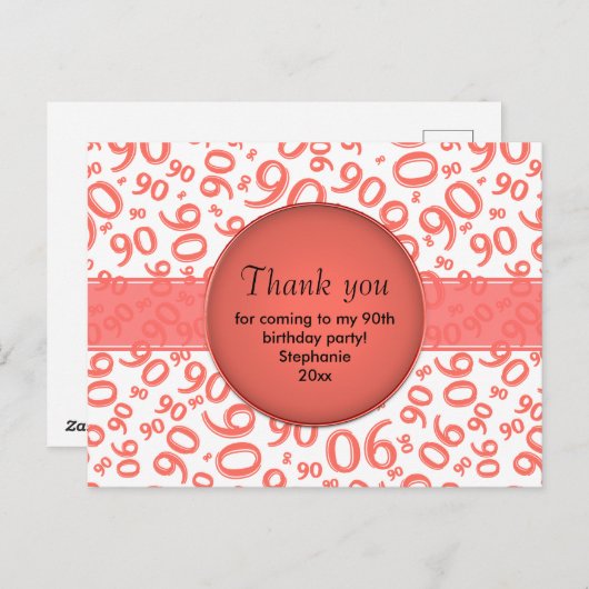 Hartelijk dank: 90 koraal/wit verjaardagscatroon briefkaart (Voorkant / Achterkant)