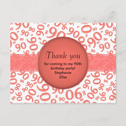 Hartelijk dank: 90 koraal/wit verjaardagscatroon briefkaart (Voorkant)