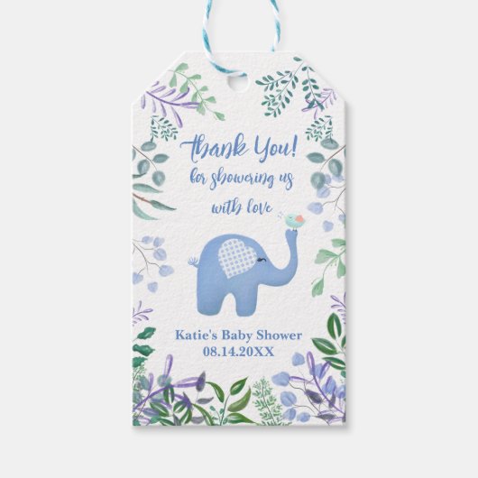 Hartelijk dank, Baby Elephant Song Bird Baby showe Cadeaulabel (Voorkant)
