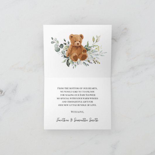 Hartelijk dank Beer Greenery Baby shower Gevouwen Bedankkaart (Binnen)