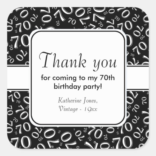 Hartelijk dank: Black 70th Birthday Number Pattern Vierkante Sticker (Voorkant)