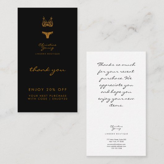 Hartelijk dank, Black Gold Glitter Lingerie Boutiq Kortingskaartje (Voorkant / Achterkant)