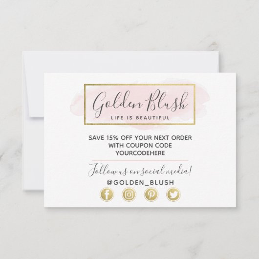 Hartelijk dank: Blush Pink Waterverf & Modern Gold Kaart (Achterkant)