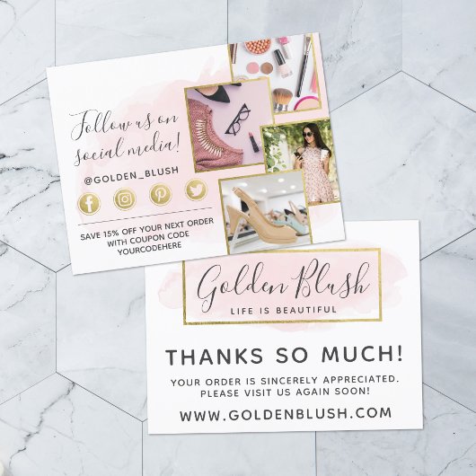 Hartelijk dank: Blush roze Waterverf & Gold 4-foto Briefkaart
