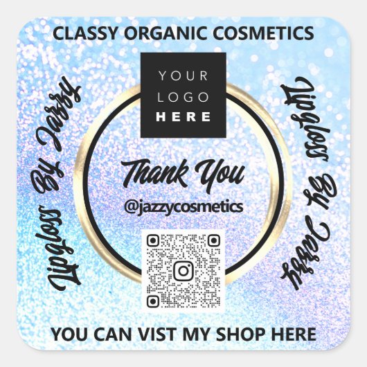 Hartelijk dank Business QR Code Logo Blue Glitter Vierkante Sticker (Voorkant)