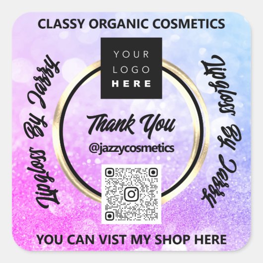 Hartelijk dank Business QR Code Logo Roze Blauw Vierkante Sticker (Voorkant)