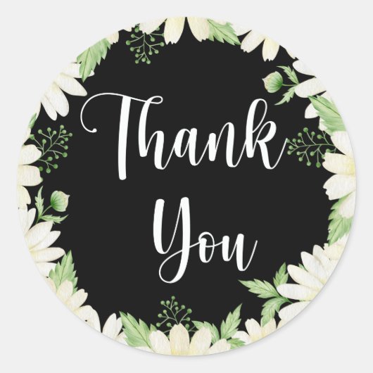 Hartelijk dank, Daisy Flowers Black Classic Round  Ronde Sticker (Voorkant)