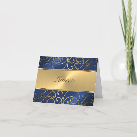 Hartelijk dank, Elegant Blue en Gold Filigree Bedankkaart (Voorkant)
