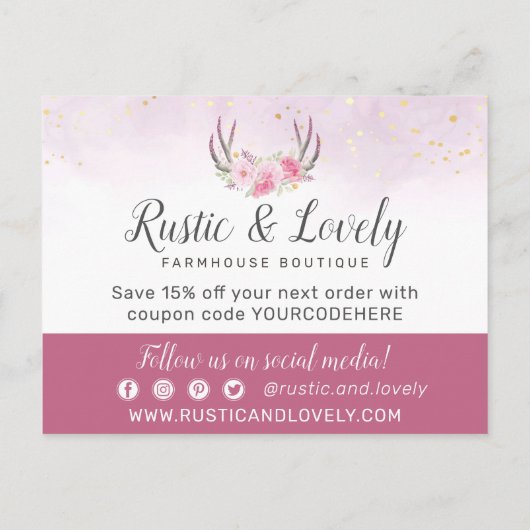 Hartelijk dank, Floral Antlers Blush Pink & Gold M Briefkaart (Achterkant)