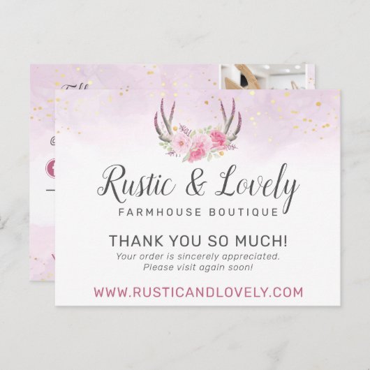 Hartelijk dank, Floral Antlers Roze Gold Marble 4  Briefkaart (Voorkant / Achterkant)