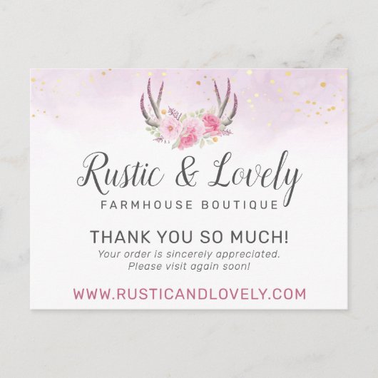 Hartelijk dank, Floral Antlers Roze Gold Marble 4  Briefkaart (Voorkant)