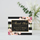 Hartelijk dank - Floral Black White Stripes Gold L Briefkaart (Staand voorkant)