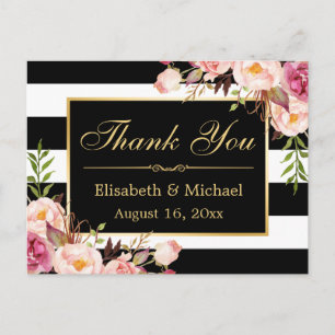 Hartelijk dank - Floral Black White Stripes Gold L Briefkaart