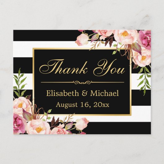 Hartelijk dank - Floral Black White Stripes Gold L Briefkaart (Voorkant)