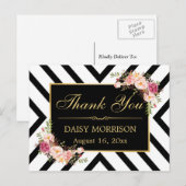 Hartelijk dank,  Floral Gold Black White Stripes Briefkaart (Voorkant / Achterkant)