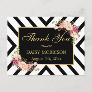 Hartelijk dank, Floral Gold Black White Stripes Briefkaart