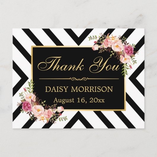 Hartelijk dank,  Floral Gold Black White Stripes Briefkaart (Voorkant)