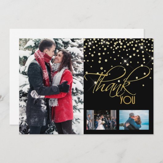 Hartelijk dank, foto 3 gouden zwarte glittersparge bedankkaart (Voorkant / Achterkant)