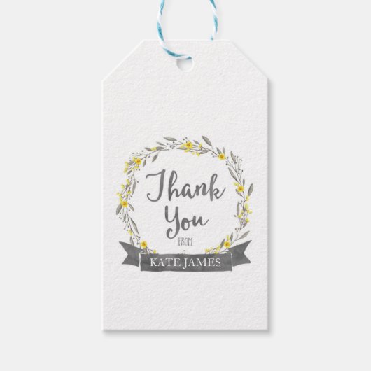 Hartelijk dank, gele bloemen en grijze bladeren cadeaulabel (Voorkant)