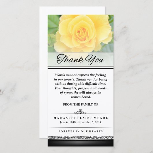 Hartelijk dank. Gele rozenwoorden van de begrafeni Bedankkaart (Voorkant / Achterkant)