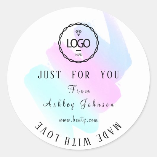 Hartelijk dank, gemaakt met liefdesblauw roze wit ronde sticker (Voorkant)