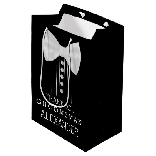 Hartelijk dank, Groomsman White Bow Stropdas Tuxed Medium Cadeauzakje (Voorkant Gekanteld)