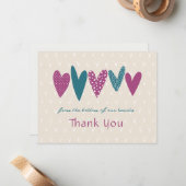 Hartelijk dank Harten Blauwgroen Magenta Notitiekaartje (Voorkant / Achterkant in situ)