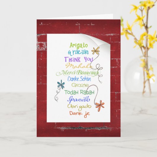 Hartelijk dank in vreemde taal op baksteen kaart (Gele Bloem)
