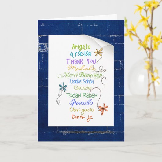 Hartelijk dank in vreemde taal op baksteen kaart (Gele Bloem)