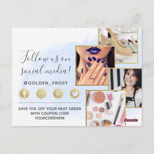 Hartelijk dank, lichtblauwe Waterverf & Gold 4-fot Briefkaart (Achterkant)