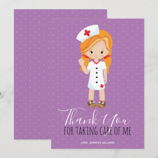 Hartelijk dank Paarse gember Cartoon Verpleegster Bedankkaart (Voorkant / Achterkant)