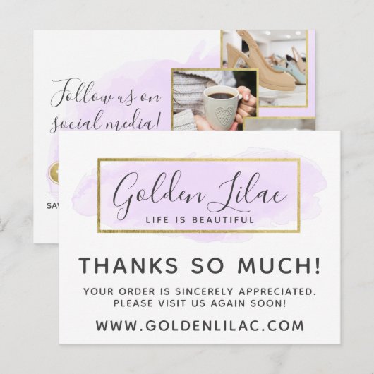 Hartelijk dank, Paarse Waterverf & Gold 4-foto Briefkaart (Voorkant / Achterkant)