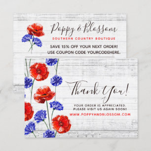 Hartelijk dank: Red Poppy & Cornflower Rustic Wood Kaart