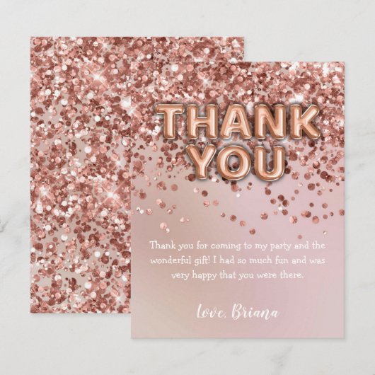 Hartelijk dank, Roos Gold Glitter-ballonnen Kaart (Voorkant / Achterkant)