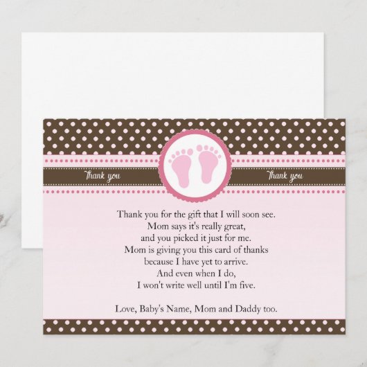 Hartelijk dank, roze bruin baby shower kaart (Voorkant / Achterkant)