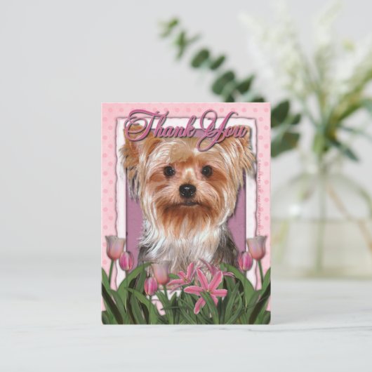Hartelijk dank - Roze Tulips - Yorkshire Terrier Briefkaart (Staand voorkant)