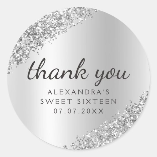 Hartelijk dank, Silver Glitter Girly Sweet 16 Ronde Sticker (Voorkant)
