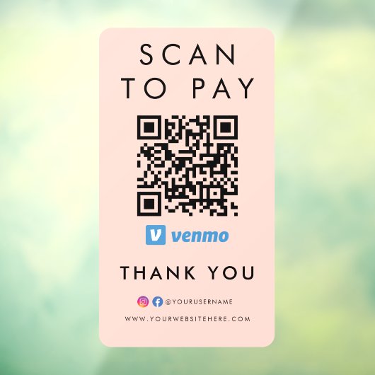 Hartelijk dank, Venmo Scan om QR Code Blush Pink t Raamsticker (Vel 3)
