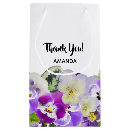 Hartelijk dank voor de bloemen van paarse pansies  klein cadeauzakje (Achterkant)
