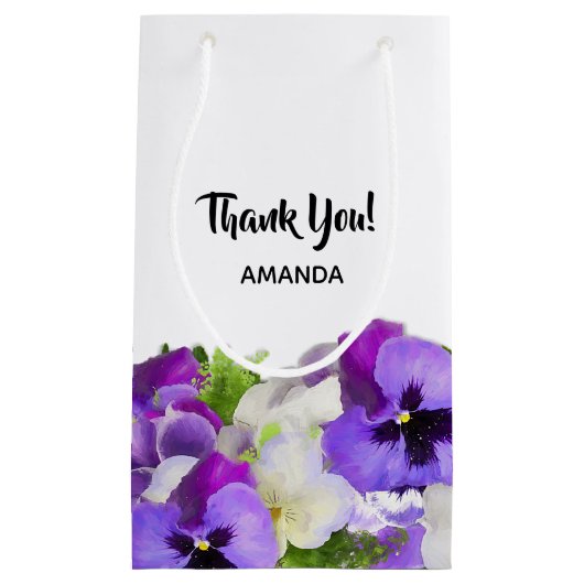 Hartelijk dank voor de bloemen van paarse pansies  klein cadeauzakje (Voorkant)