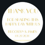 Hartelijk dank voor de gouden reukgeefster Wedding Ronde Sticker<br><div class="desc">Hartelijk dank voor de gouden en witte Grote Gatsby trouwstickers met aanpasbare tekst</div>