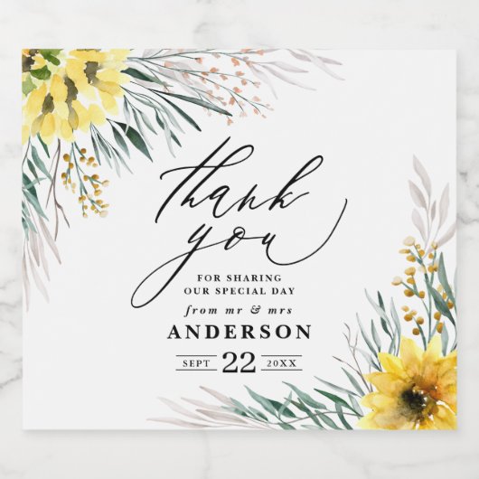 Hartelijk dank voor de landelijke zonnebloem-eucal sparkling wijnetiket (Enkel label)