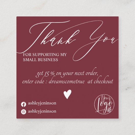 Hartelijk dank voor de roodbruine vlinderorde vierkante visitekaartje (Achterkant)