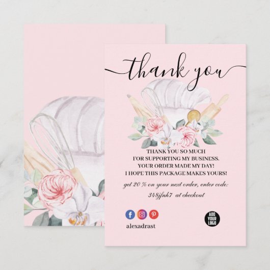 Hartelijk dank voor de roze bakkerij- en kookappar bedankkaart (Voorkant / Achterkant)