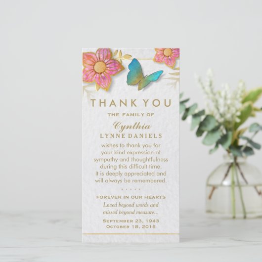 Hartelijk dank voor de vlinder Floral White Gold S Bedankkaart (Staand voorkant)